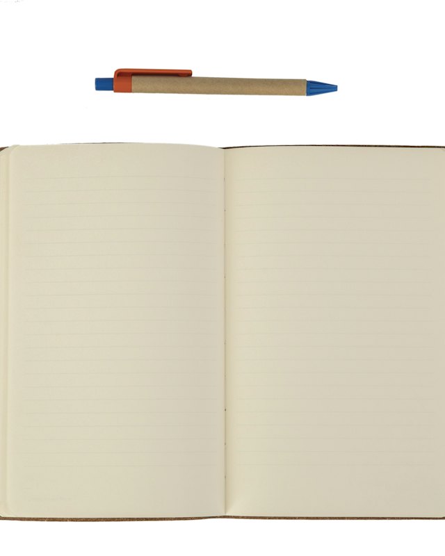 An open cream notebook with a pen above it
