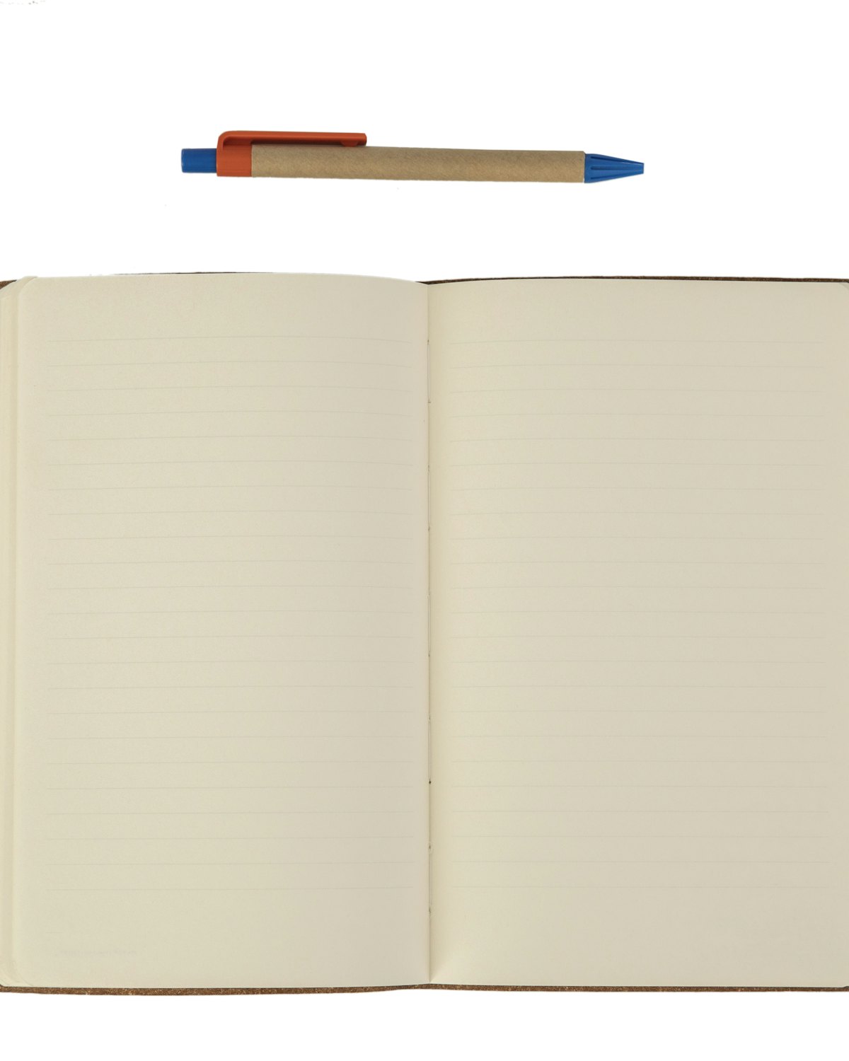 An open cream notebook with a pen above it